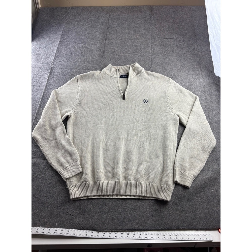 Chaps Mens XL Quarter Zip Sweater Beige Cotton Knit Long Sleeve Pullover Logo